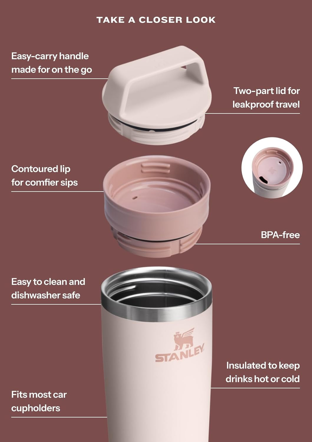 Cafe to Go Travel Mug 16 Oz | Leakproof Two-Part Drink through Lid | Tumbler Cup for Coffee, Tea and Drinks | Insulated Stainless Steel Coffee Mug | Bpa-Free | Frost