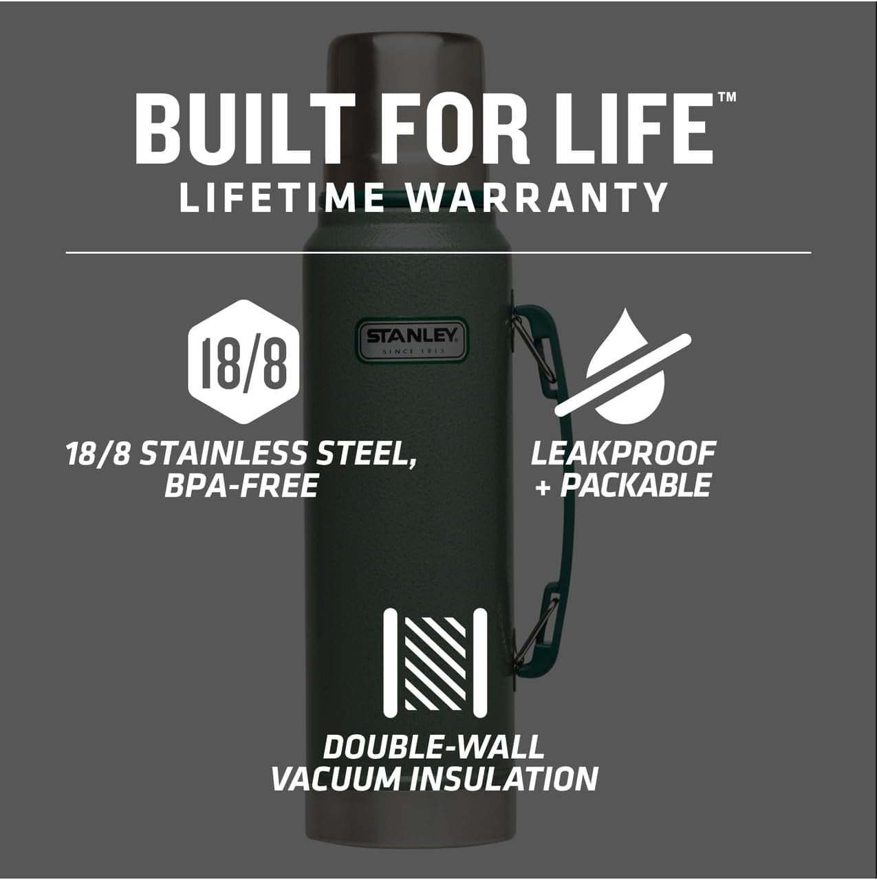 Heritage Classic Vacuum Bottle with Handle 1.1 Qt | Wide Mouth W/Leakproof Cup Lid | Keep Drinks Hot or Cold | Insulated Stainless Steel Thermal Bottle | Bpa-Free | Hammertone Green