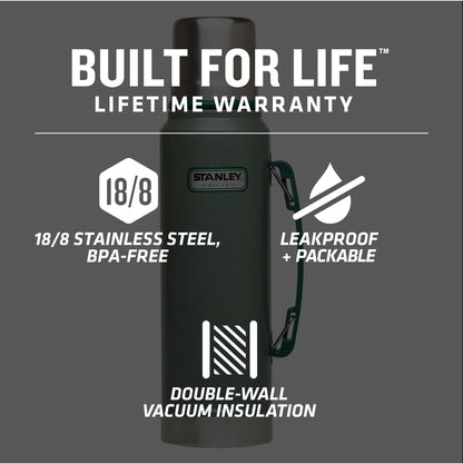 Heritage Classic Vacuum Bottle with Handle 1.1 Qt | Wide Mouth W/Leakproof Cup Lid | Keep Drinks Hot or Cold | Insulated Stainless Steel Thermal Bottle | Bpa-Free | Hammertone Green