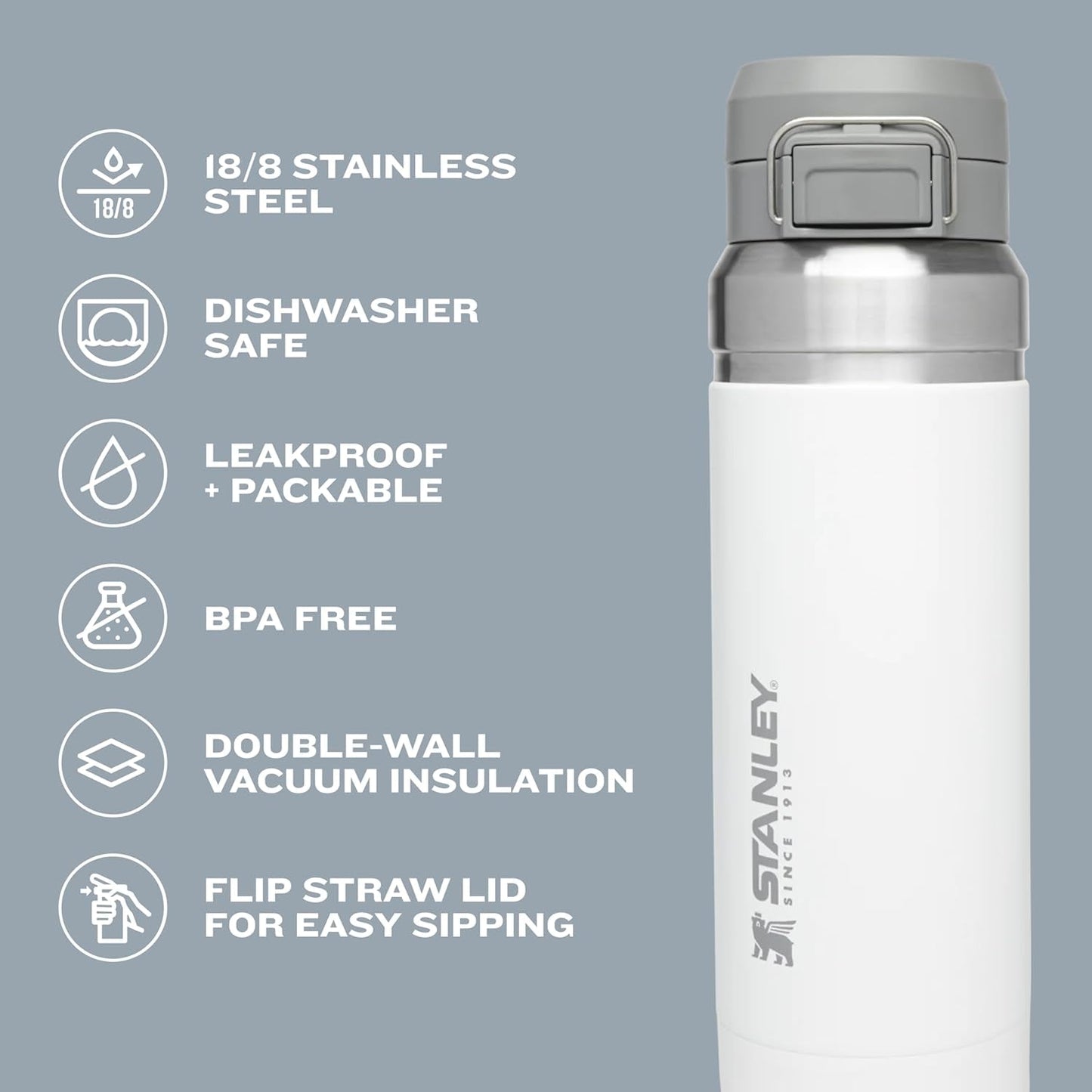 Quick Flip GO Water Bottle 24 Oz | Push Button Lid | Leakproof and Packable for Travel and Sports | Insulated Stainless Steel | Bpa-Free | Rose Quartz