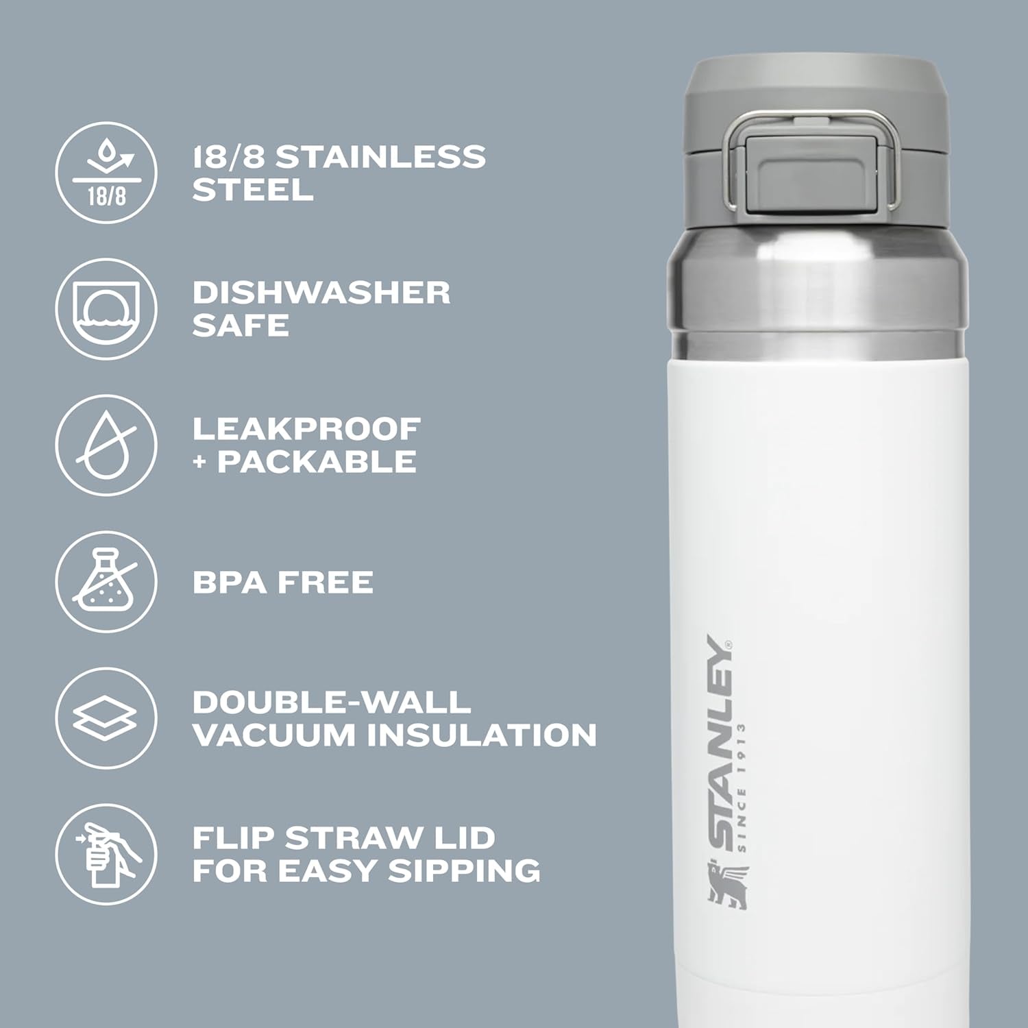 Quick Flip GO Water Bottle 24 Oz | Push Button Lid | Leakproof and Packable for Travel and Sports | Insulated Stainless Steel | Bpa-Free | Rose Quartz